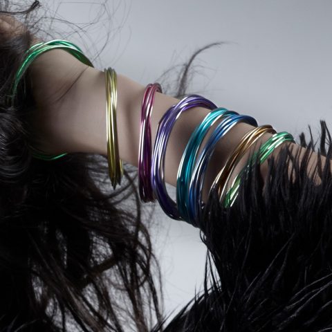 Hypoallergenic Jewellery titanium bangles on womans wrist