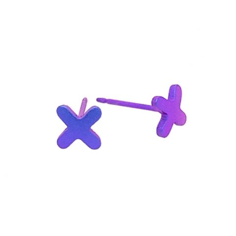 Purple Titanium cross studs. Hypoallergenic jewellery from TouchTitanium.com