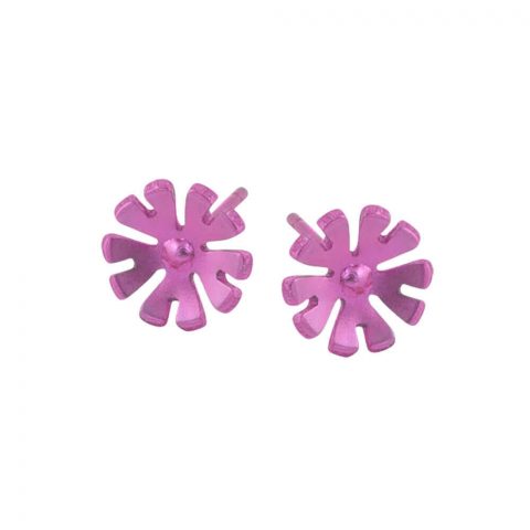Pink coloured flower stud titanium earrings.