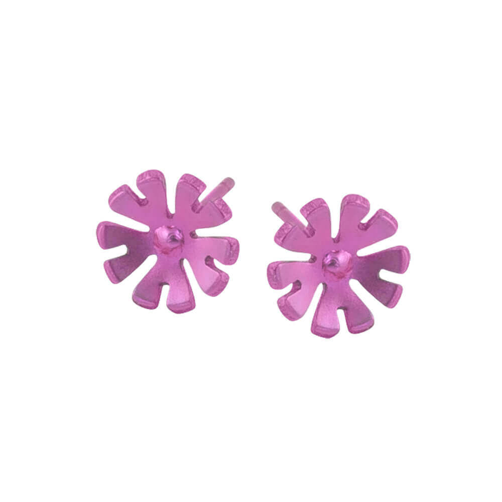 Pink coloured flower stud titanium earrings.