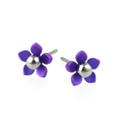 Purple titanium flower stud earrings.